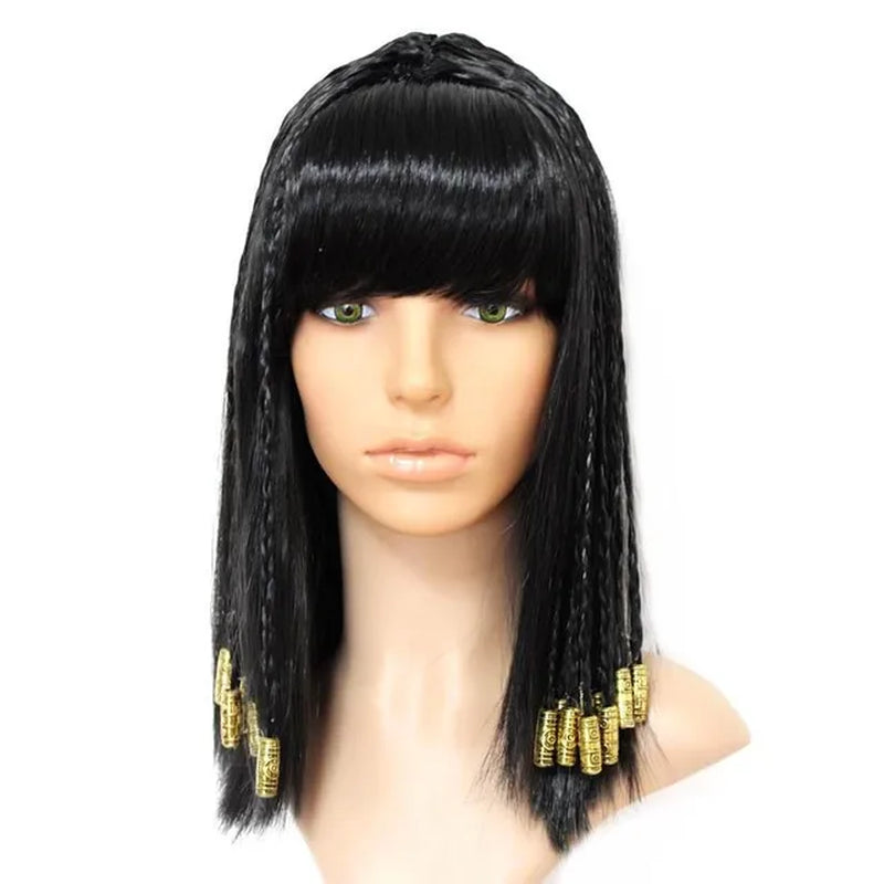 Cleopatra Cosplay Wig Egypt Queen Black Hair Gold Beads Decoration Dance Halloween Party Role Play Cosplay Wigs + Wig Cap