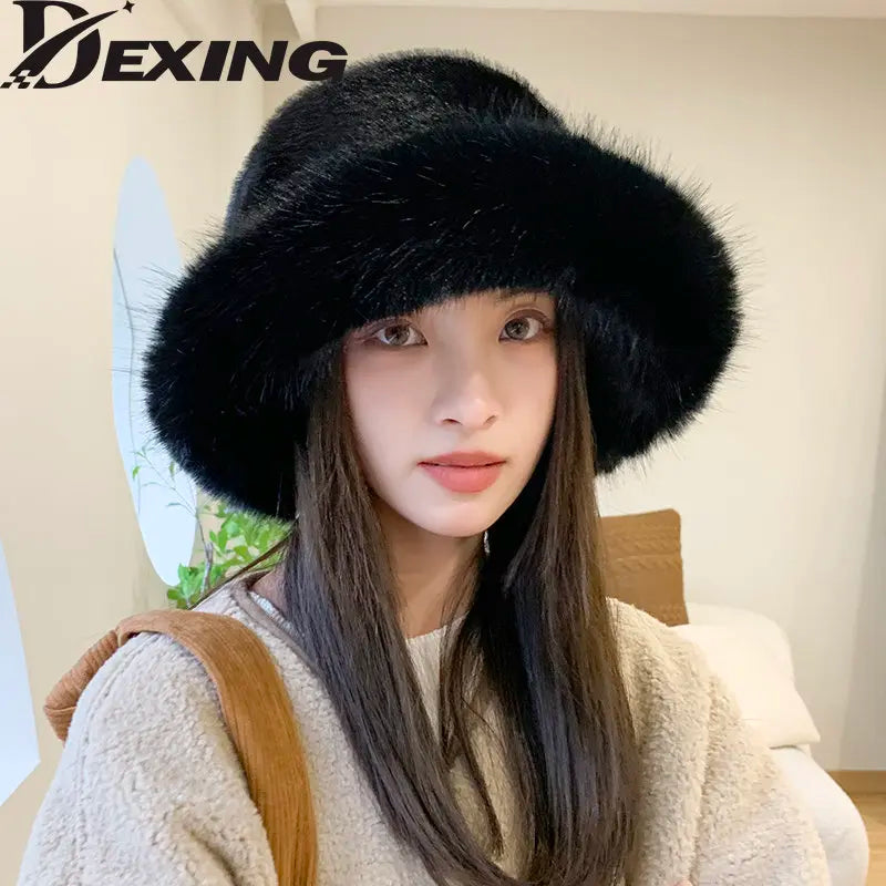 2023 Big Faux Fur Fluffy Bucket Hat for Women Luxury Plush Winter Hat Thicken Snow Oversized Fur Bucket Hat Soft Big Panama Cap