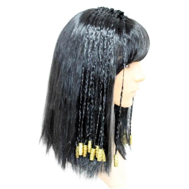 Cleopatra Cosplay Wig Egypt Queen Black Hair Gold Beads Decoration Dance Halloween Party Role Play Cosplay Wigs + Wig Cap