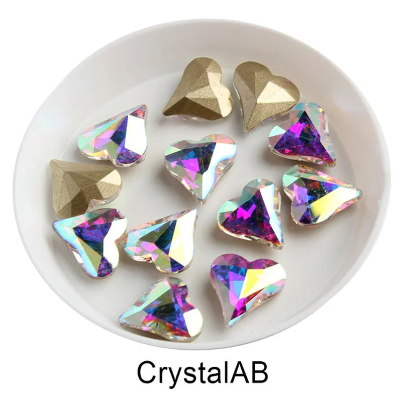 12X13Mm Big Crooked Heart Nail Art Rhinestone Pointed Bottom Crystal Stones for Nail Decoration